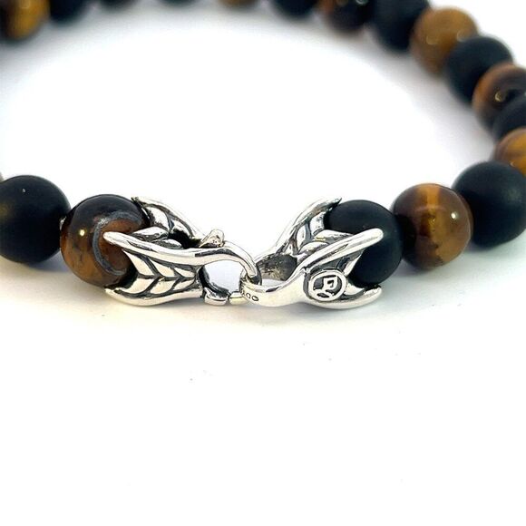 David Yurman Authentic Tiger Eye Matte Onyx Spiritual Bead Bracelet 8.5" Silver - Picture 3 of 5